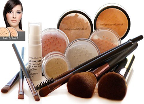 LIGHT SKIN Mineral Makeup Foundation 14 Piece COMPLETE SET Pure Natural Minerals With Organic Silk Primer, Full Cover by Intelligent Cosmetics®