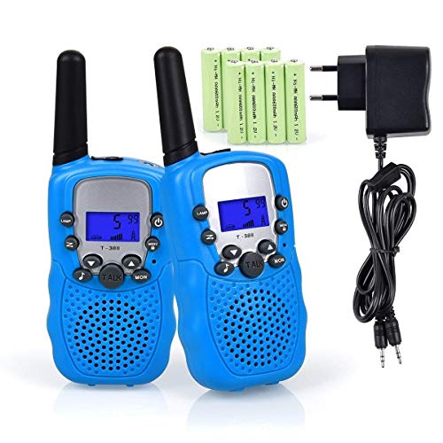 Lomoo Walkie Talkie Niños, PMR 446 Walky Talky con 8 Piezas Batería Recargable y Cargador, Función VOX 8 Canales 0,5 W Pantalla LCD y Linterna Incorporado (Azul)