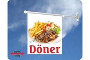 AGENTUR WERNER KUHLINS Werbeflagge (Fahne mit über 50 Varianten, Text und Bild, z.B. Eis, Döner, Kaffee, Crepes, Waffeln, Pommes uvm.) Ideal für Kiosk, Restaurant oder Kirmes, weiß (Döner)