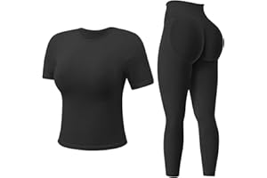 MAYROUND Gym Sets for Women 2 Piece Outfit Gym Scrunch Leggings and Short Sleeve Crop Top Set Seamless Yoga Tracksuits