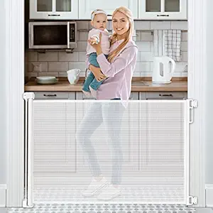 Retractable Baby Gate 54 Tough Durable Mesh Outdoor Retractable Gate Indoor Safety Mesh Baby Gates for Stairs, Pet Dog Gate