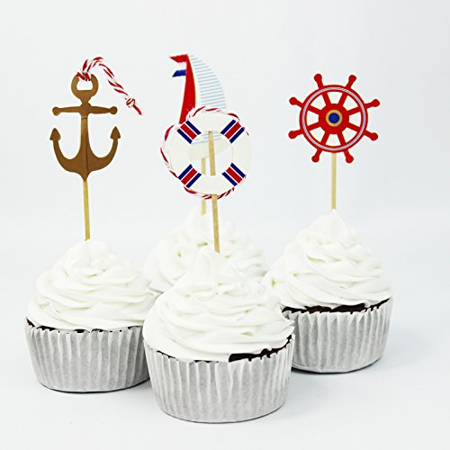 SUNBEAUTY 24er Set Maritime Torte Toppers Kuchendeckel Tortenaufsatz Dekoration Party Feier (24 Stück) (See) - 3