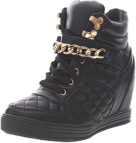 Sopily Women's Fashion Shoes Trainers Wedge - Ankle-High - Quilted Heel Wedge 8 cm - Black WL-1018-10 T 38 - UK 5