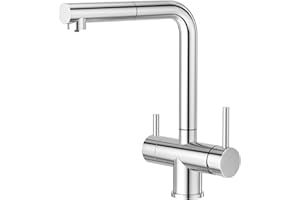 CREA Rubinetto 3 Vie con Doccetta Estraibile, Miscelatore Cucina 3 Vie Girevole a 360°, Rubinetto Tre Vie per I Sistemi Osmosi, CROMO