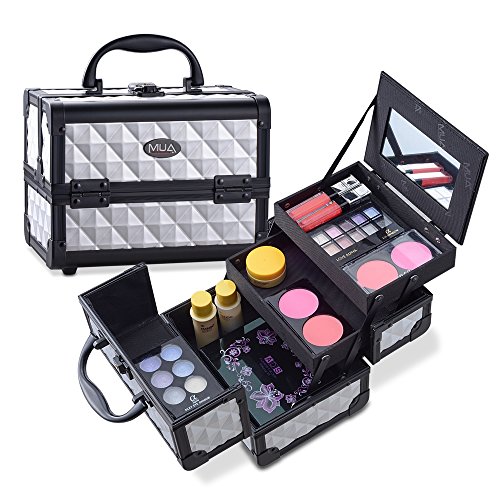 MUA LIMITED Cosmetic Aluminum Train Case, Compact Makeup Storage Organiser, Beauty Box with Lock and Key, Silver with Black Trim