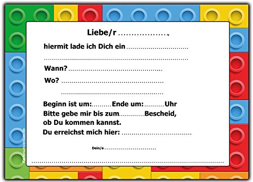 12-er Set Lustige Einladungskarten zum Kindergeburtstag Bausteine Bauklötze Party Geburtstag Einladung witzig cool Text Kinder Jungen Mädchen Steine Baustelle Bagger Jungs Rot Gelb Grün Blau - 2
