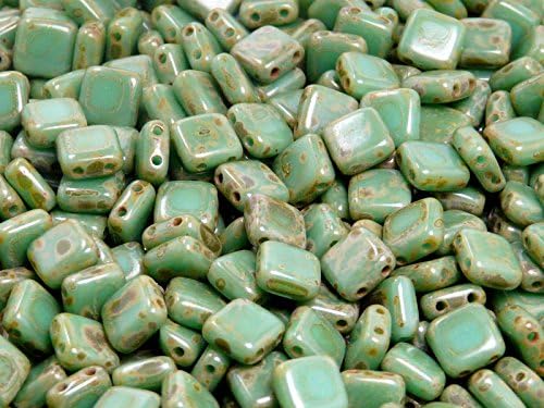 40 Pieces Czech Glass Beads Tile Two-Hole, Flat Square 6x6x2.9mm Opaque Turquoise Green Travertine Dark