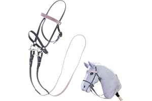 LarDen Hobby Horse Bridle with Reins, Complete Faux Leather Bridle Grey with Pink Browband, Hobby Horse Accessories, for Hobbies Horse, Hobby Horse, Play Horse
