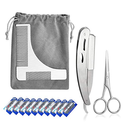 Barbero Herramientas Kit con Barba Peine Plantilla, Peine de la plantilla de conformación del vello facial de los hombres?Tijera y Navaja de Afeitar ?10 cuchillas de doble lado?