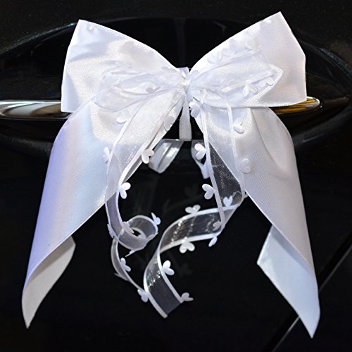 Miya@ 10 hochwertige Handgemacht Weiss Antenneschleifen mit Herzschleifen aus Satin, Auto Schleifen, Hochzeit Deko, Autoschmuck