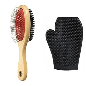 Pet Needs Wooden Handle Double Sided Pin and Bristles for Grooming Hair Brush with Gloves for Groom and Caring Pets, Puppy, Cat (Small)