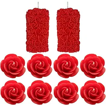 Shraddha Creation Rose Pillar and Floating Rose Decorative Designer Scented Candle, with English Rose Fragrance (Red , Set of 10 Pcs)