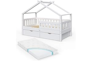 VitaliSpa Letto montessori bambini Design, Bianco, 80x160 cm con 2 cassetti e materasso