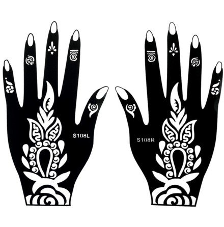 Mehndi Stencil Tattoo Stencil Henna Designs 2 pieces for Left and Right Hand - single use S108 for Henna, Glitter, Air Brush Tattoo