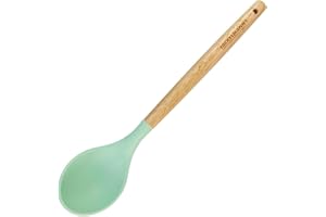 Fackelmann Ocean Cuchara para Servir, Cucharón de Silicona con Núcleo Rígido de Acero y Mango de Madera Antideslizante, Apta para Lavavajillas, 31 x 7 cm, Verde Agua 1 ud