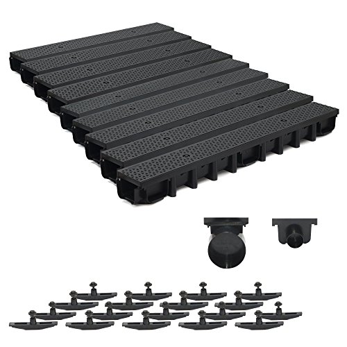 9m Entwässerungsrinne für modulares System A15 98mm, komplett Stegrost Kunststoff , Schwarz Decor