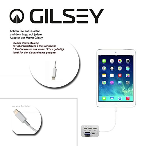 Gilsey 7in1 Camera Connection Kit Adapter iPhone 6 6s, iPad Air, iPad Air 2, iPad Air Pro, iPad 4, iPad Mini, Ipad Mini 2, iPad Mini 3, iPad Mini 4 – SD, MS, TF, M2, Mini SD, MMC, Micro SD + 3 USB HUB – Überträgt Bilder und Videos von Kameras und Karten Kartenlesegeräte – iOS 9 - 2