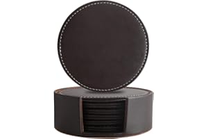 LOGHOG Leather Coasters for Drinks with Holder Set of 6,Coffee Mats Protect Furniture from Hot or Cold Water Marks & Damage, PU Leather Drink Coasters Suitable for Kinds of Mugs and Cups (Round Brown)