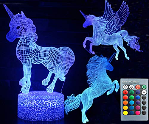 ZYTC 3D Unicorn Night Light Tres patrones y 7 colores Cambio de lámpara de decoración con control remoto Ilusión óptica como ideas de regalo para niños y niñas (Caballo)