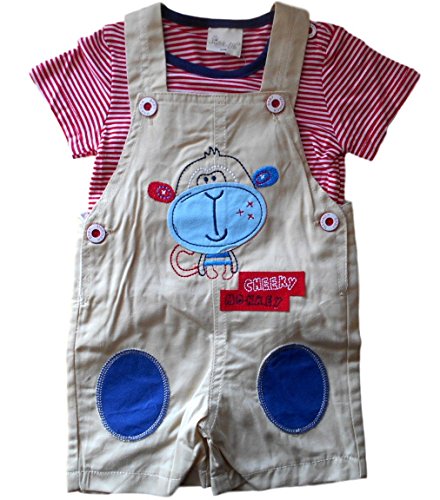3-6 months - Baby Boys Brown Cheeky Monkey Dungarees with Red White Striped Top