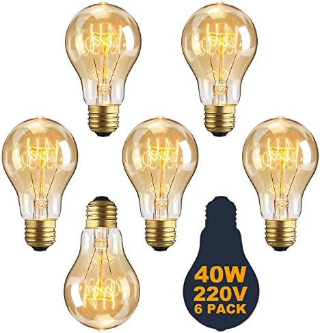 Vintage E27 Edison Screw Bulb 40w Dimmable A19 Antique Filament Tungsten Loop Style 23 Anchors Incandescent Bulbs for Home Light Lamp Fixtures Nostalgic Decorative Glass 220V [Energy Class E] (6 PACK)