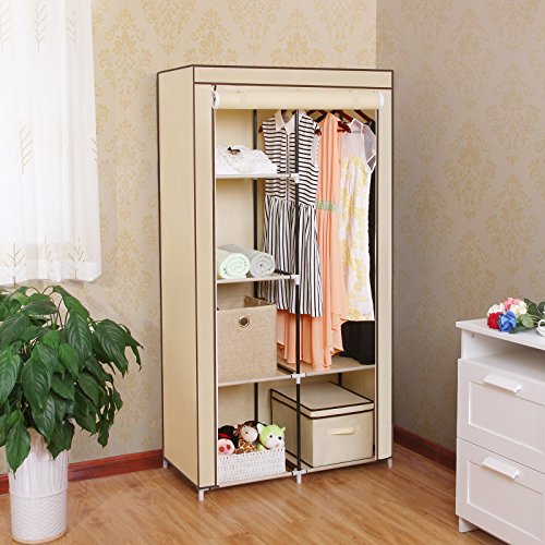 Songmics XL Stoffschrank Faltschrank 7 Montagearten Kleiderschrank mit 2 Kleiderstange 88 x 170 x 45 cm (B x H x T) beige RYG84M - 2