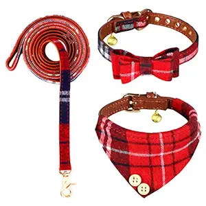 Bow Tie Dog Collar and Leash Set - Classic Plaid Adjustable Dog Bandana Collar Triangle Bibs Scarf with Bell, Fit for Small Dogs, Puppies and Cats 3 PCS, Outdoor Playing, Walking, Party Indoor