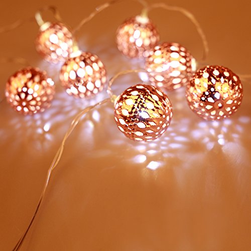IntiPal 10er LED Lichterkette Silberne Goldene Roségold Kugeln Warmweiß Kaltweiß Bunt Weihnachtsdeko (Roségold mit Kaltweiß) - 2