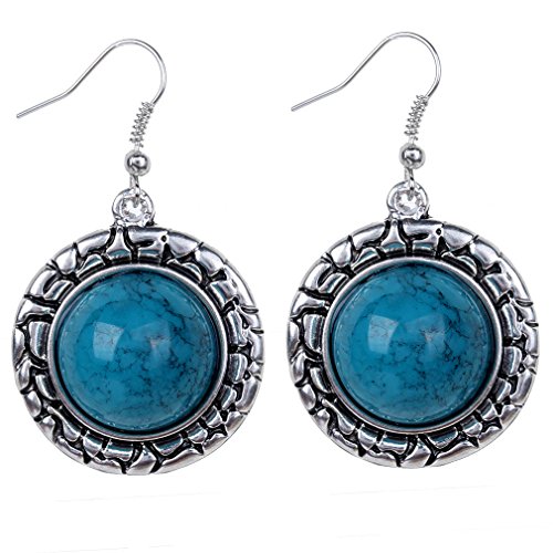 Yazilind vendimia de plata tibetana redondo azul turquesa cuelgan los pendientes del gancho de la gota mujeres de regalo