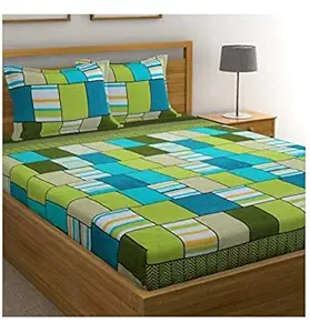 DEVICE Cotton Blend Lite Weight 144 TC 3D Double Size (90 X 90) Bedsheet with 2 Maching Pillow Covers (Green Geo Matrix)