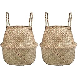 Lawei Lot de 2 paniers de Rangement en jonc de mer tressé Pliable avec poignée pour Jouets Linge Pique-Nique Pot de Plantes Sac de Plage, Taille L
