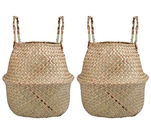 Lawei Lot de 2 paniers de Rangement en jonc de mer tressé Pliable avec poignée pour Jouets Linge Pique-Nique Pot de Plantes Sac de Plage, Taille L