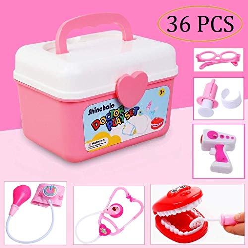 Shinehalo 36 Piezas Doctora Juguetes maletin Juego de médico Conjunto con los Accesorios de Alta simulación con el Tacto,el Sonido y la luz (Rosa)