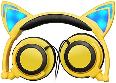 Cat Ear Headphone Foldable Stereo Wired Over Ear Kids Headphone Flashing Glowing Gaming Headphone with LED Light for PC Laptop Computer Mobile Phone