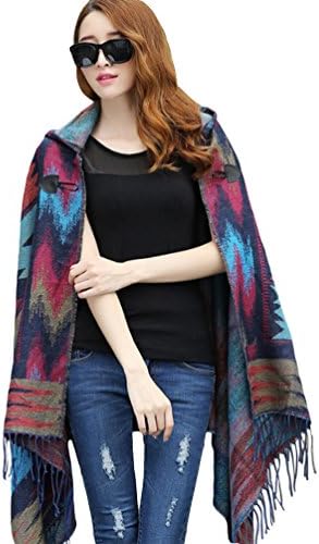 ZKOO Womens Hooded Tassels Cape Bohemia Long Geometric Pattern Shawl Poncho Imitation Wool Cloak Warm
