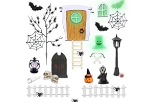 KKSJK Puppenhaus Halloween Dekoration, Miniatur Wichteltür Halloween Set, Wichteltür Zubehör, Skelette Spinnen Fledermäuse Elfentor Grabstein Geist Puppenstuben Zubehör