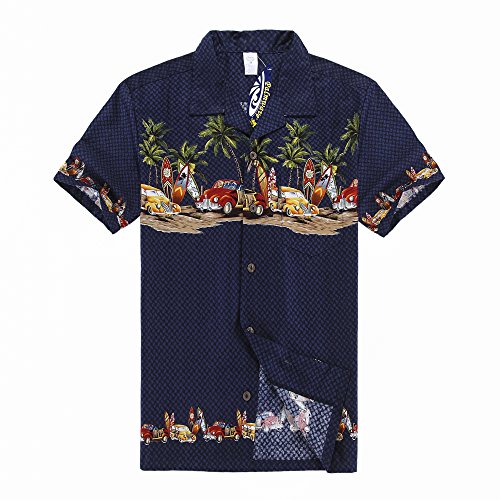 Hombres Aloha camisa hawaiana en Coches antiguos Palmeras Tablas de su