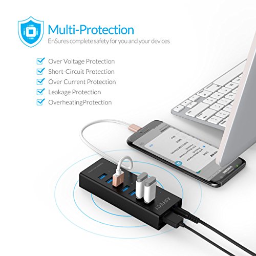 AIFFECT 7 Port USB 3.0 Super-Speed Lade Hub mit Netzteil, BC 1.2 Aufladung- Schwarz - 2