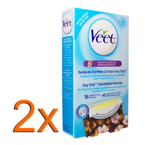 2x Veet® Bikini and Underarm Wax Strips with Vitamin E and Almond Oil for sensitive skin/ 16 strips, 4 wipes per pack