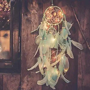 Party Propz Green Feather Made and Handmade Dreamcatchers with Lights for Home,Bedroom Wall Hanging Decoration,Wedding Craft Hangings Decor,Decorative Items Girls,Baby,Kids,Women Gifts- Feather Made.