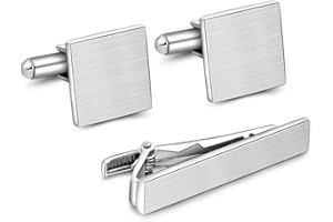 MERIT OCEAN Silver Metal Cuff Link and Tie Clip Set, Stainless Steel Cufflinks and tie Bar Set Necktie Clasp for Business Wedding