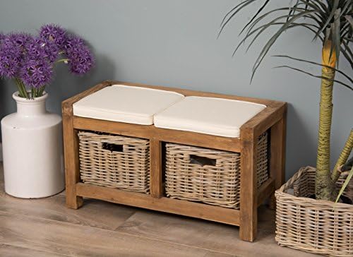 Sustainable Furniture UK Ltd - Reclaimed Teak Hall Seat plus 2 Kubu Grey Natural Wicker Drawers plus Cushion