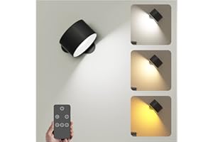 FEALLIVE Wall Light Indoor, Wall Lamp with Remote Control Dimmable with Rechargeable Battery, Led Wall Light Indoor Touch Control 3 Brightness Levels 3 Colour Modes 360° Rotatable for Bedroom Black