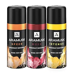 Aramusk Deodorant Body Spray Assorted for Men, Musk+Intense+Speed, 450 ml, Pack of 3