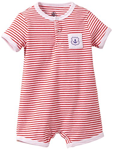 Petit Bateau Unisex Baby MAEVE Striped Button Front Short Sleeve Jumpsuit, Multicoloured (Ecume/Cocorico), 12-18 Months (Manufacturer size: 18 Months)