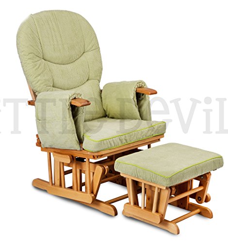LUXURIOUS HUSH HUSH SOLID OAK WOOD GLIDER CHAIR WITH MINT GREEN CUSHIONS - NURSING GLIDER / ROCKER / ROCKING / MATERNITY / FEEDING CHAIR (With Locking Mechanism & Free Matching Footstool)