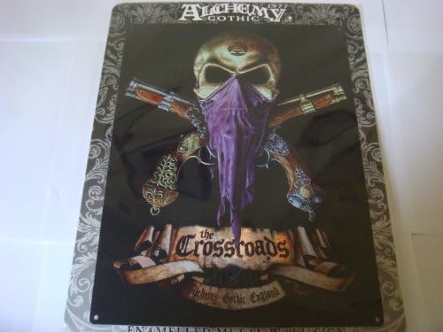 ALCHEMY GOTHIC ART 1977ALCHEMY GOTHIC ART SKULL & CROSS BONES " CROSSROADS " LARGE METAL SIGN 12" X 16"