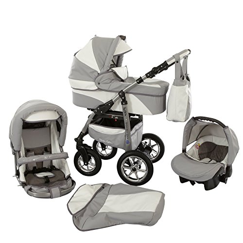 Ferriley & Fitz Daytona Eco leather Pram & Pushchair Travel System (car seat & adapter, raincover, mosquito net, cup holder, swivel wheels) 81 Grey White Leather