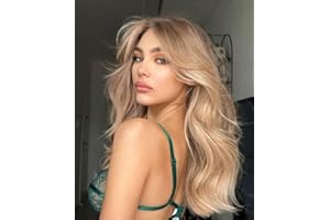 LEMEIZ - Peluca de cabello sintético largo y ondulado con flequillo para mujer, color degradado de castaño a rubio miel, aspecto natural, sin adhesivo, 56 cm, LEMEIZ-145