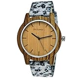 Handgefertigte Holzwerk Germany® Unisex Damen-Uhr Herren-Uhr Sommer Blumen Blümchen Öko Natur-Holz Holz-Uhr Armband-Uhr Analog Holz-Armbanduhr Weiß Schwarz Braun Textil-Armband Holz-Ziffernblatt